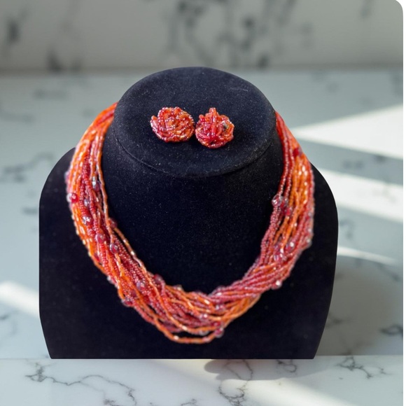 Seed Bead  Orange necklace and earrings - multi strand New Boutique - Picture 3 of 8